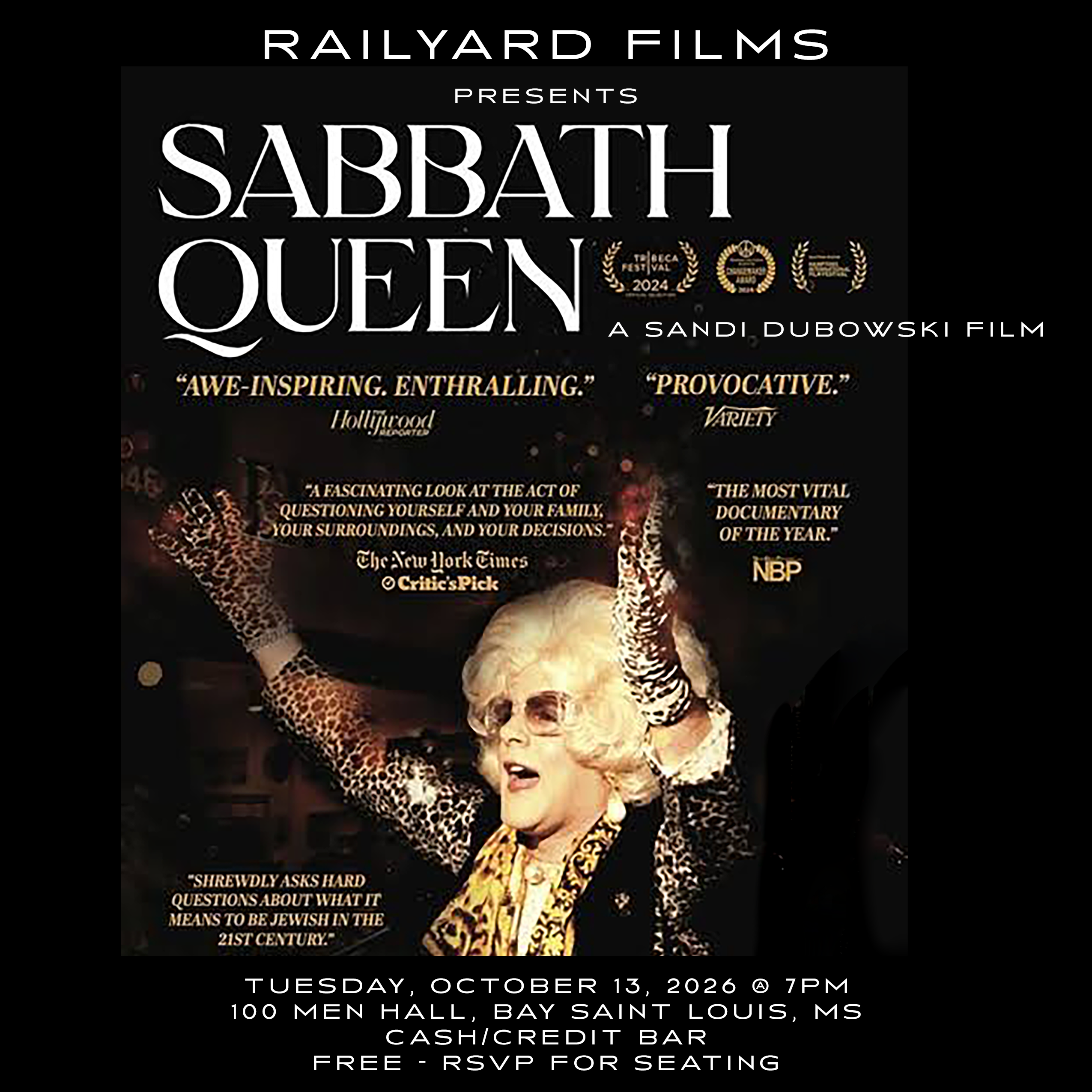Sabbath Queen film screening - Tues, Oct 13, 2026 @ 7PM